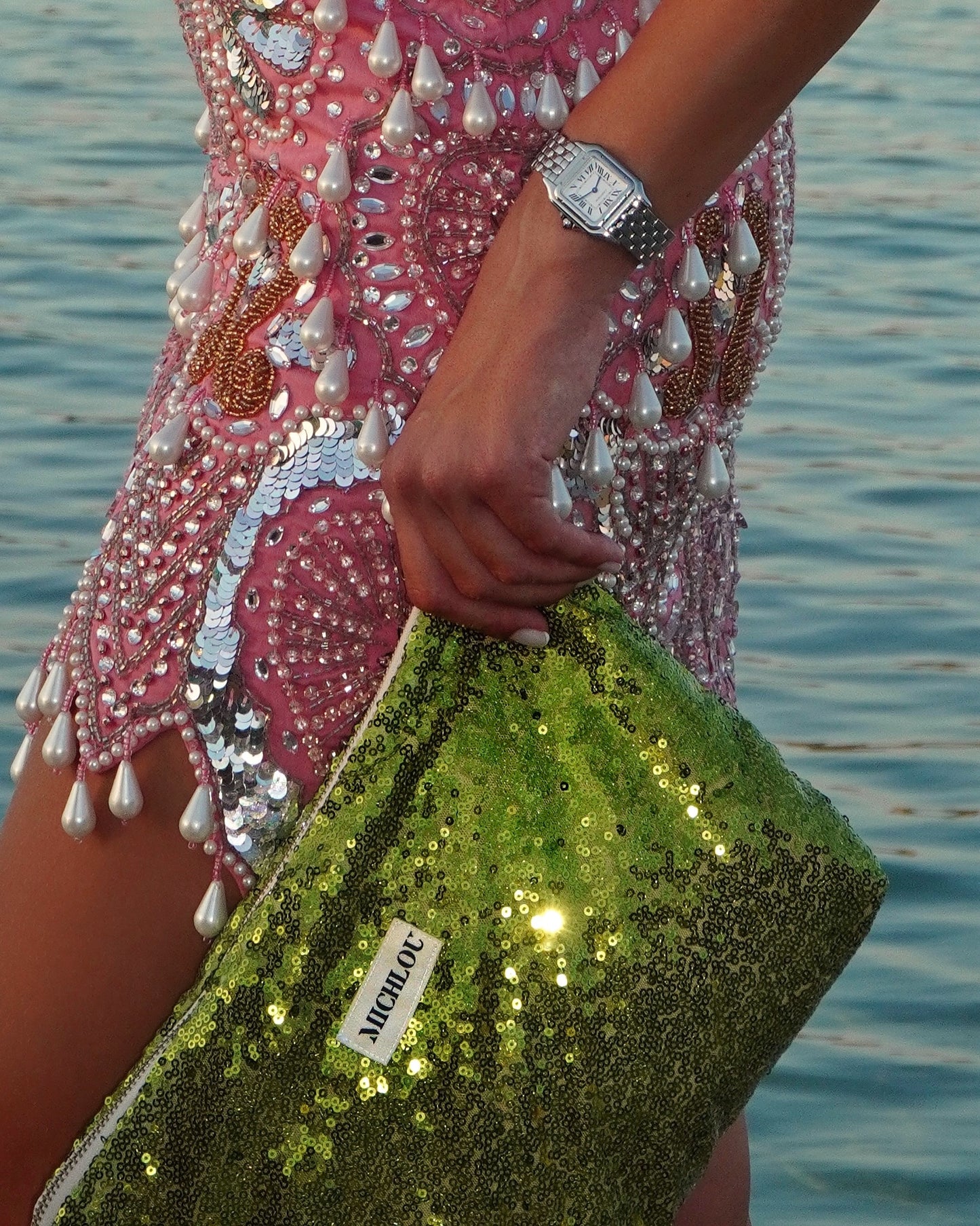 Pochette paillette vert